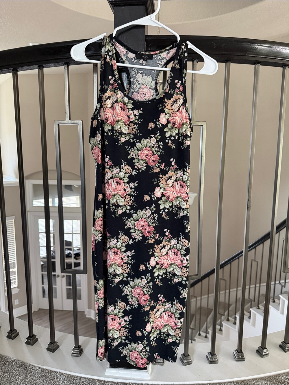 love J Black midi bodycon Dress with Pink Rose Floral Print